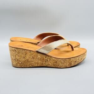 K Jacques St Tropez Sandals Womens 8 Gold Leather Wedge Platform Cork Thong Shoe